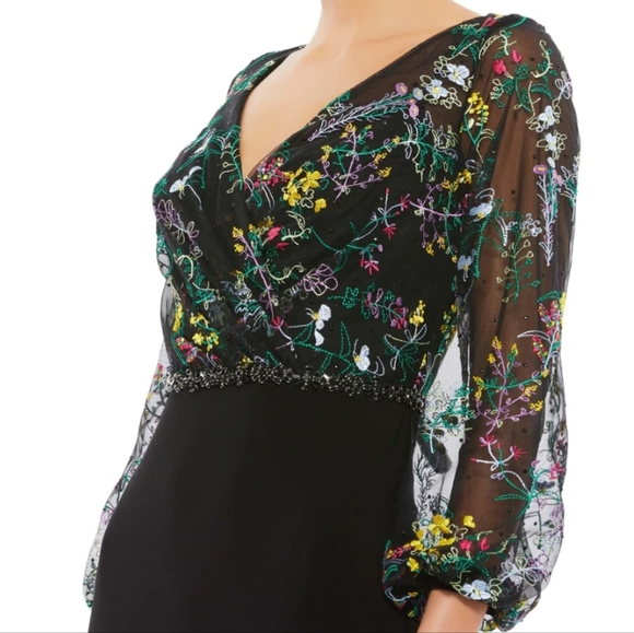 NWT Mac Duggal Embroidered Illusion Puff Sleeve Column Gown Floral 18 # 79379 - Picture 4 of 17